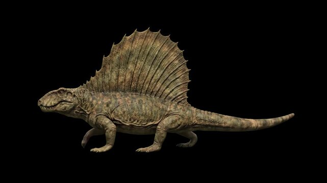 A realistic 3D render of a prehistoric Dimetrodon with its distinctive dorsal sail walking steadily, isolated on a solid black background. Ideal for paleontology documentary clips, prehistoric life ed