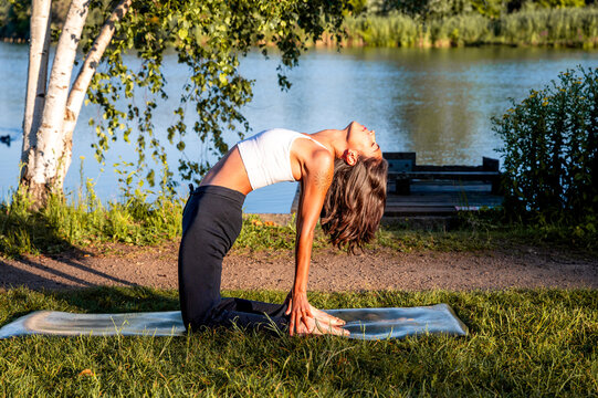 A young Hispanic woman practises the wheel pose surrounded by greenery in a park at golden hour, embracing an active and mindful lifestyle at dusk.