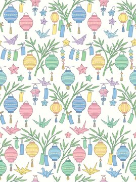 Seamless pattern of tanabata festival lanterns and bamboo