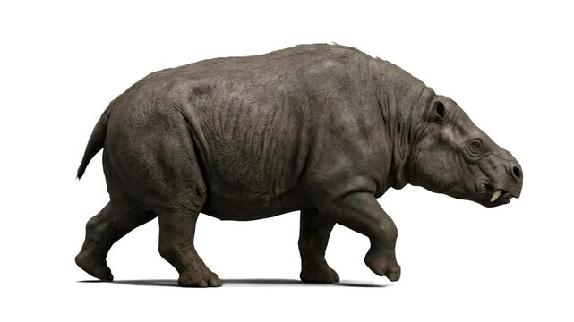 Side profile of the giant extinct South American mammal Toxodon walking forward, isolated on a clean white background. Ideal for Cenozoic fauna documentaries, paleontology guides, evolutionary biology