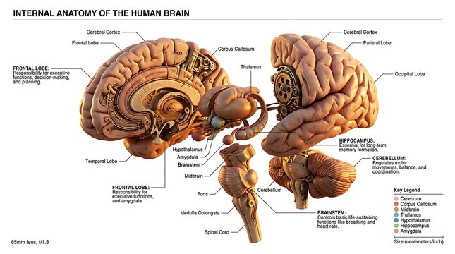 Internal anatomy of the human brain with mechanical gears