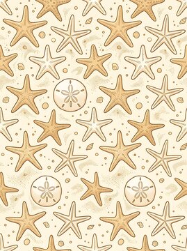 Beach theme pattern with starfish and sand dollars on sand