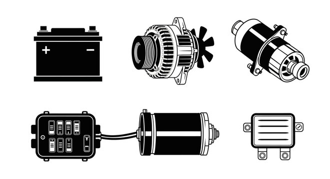 Set of automotive electrical system components and car parts illustrations.