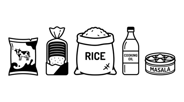 Set of simple outline grocery icons for kitchen and food items.