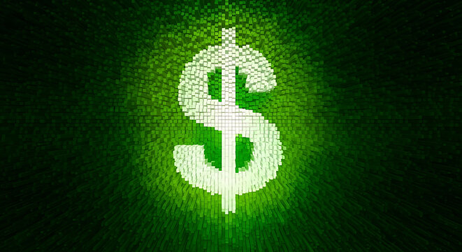 Glowing green digital dollar symbol on dark textured background with currency business investment financial technology abstract