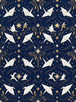 Elegant origami cranes and golden stars seamless celestial pattern