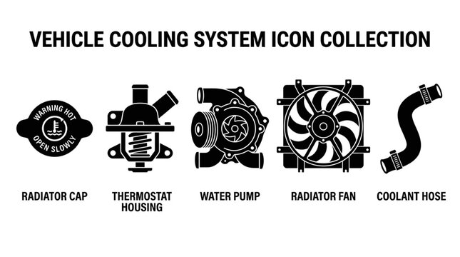 Automotive vehicle cooling system components icon collection.