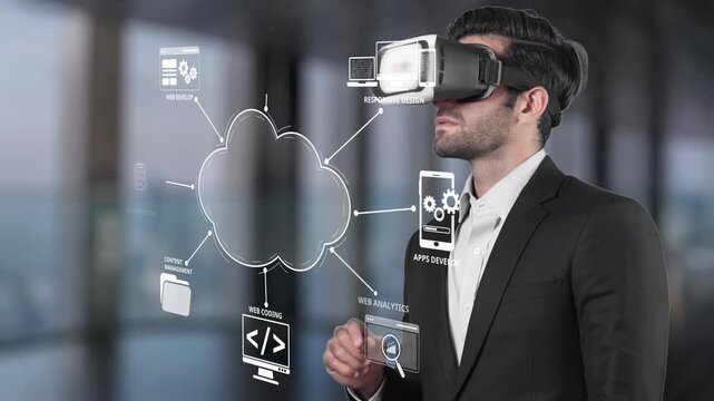 A professional man wearing a virtual reality headset explores innovative technology concepts in a modern office, showcasing cloud computing and digital tools. Raster