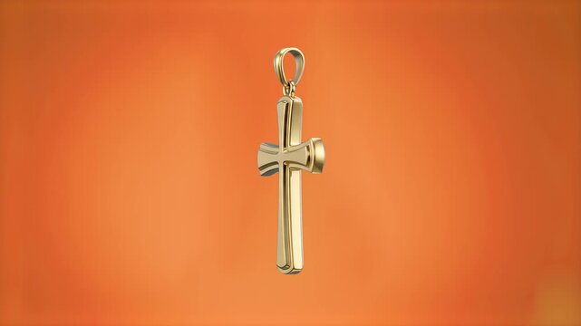 3D model of a polished golden Christian cross pendant rotating over a bright orange background. Excellent for religious jewelry advertising, spiritual promos, church media projects, faith-based video 