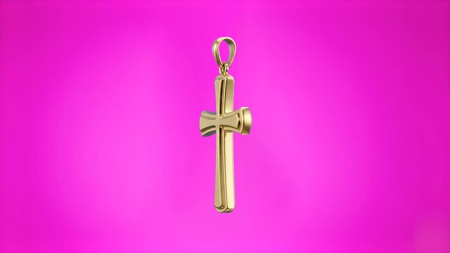 3D model of a shiny gold Christian cross pendant rotating over a vibrant magenta purple studio background. Perfect for Christian jewelry promos, religious ministry videos, church broadcasts, Easter or