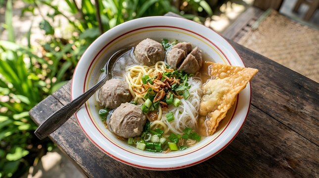 Authentic Indonesian Bakso Meatball Soup with Noodles and Wonton