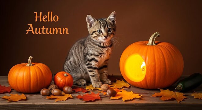Autumn still life with pumpkins and owl decoration.