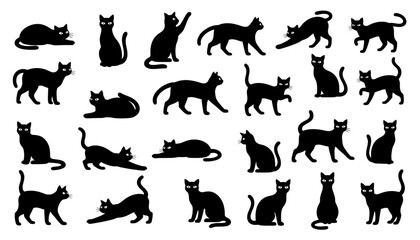 Cats in silhouette form are displayed in a collection of diverse sitting and walking positions. © Alpha