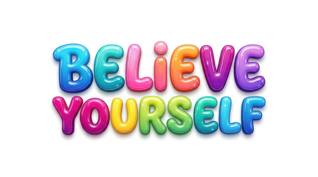 Believe Yourself Inspirational Phrase in Colorful Balloon Letters
