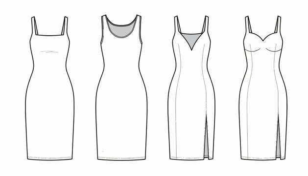 Dresses are shown as a series of four technical fashion sketches featuring varied necklines and silhouettes.