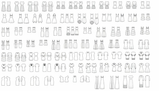 Dresses in various silhouettes are displayed as a collection of technical fashion sketches.