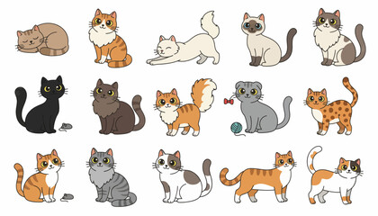 Fototapeta premium Cats of various breeds and colors are presented as a collection of isolated cartoon illustrations for design projects.