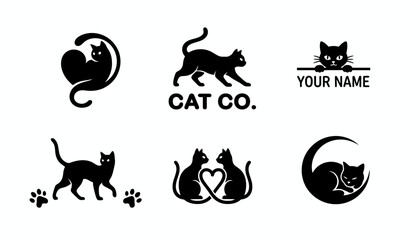 Cats depicted in various black logo designs showcase artistic feline postures and symbols for branding concepts. © Alpha