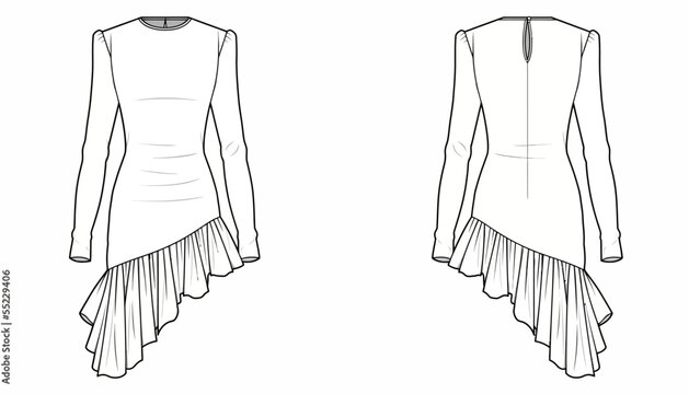 Dress fashion sketch displays the front and back technical design of a long-sleeved garment with a ruffled asymmetrical hemline.