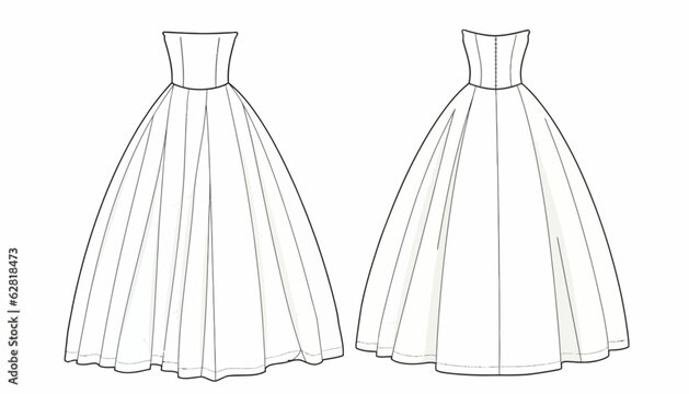 Dress sketches illustrate front and back views of a strapless ballgown design for professional fashion pattern development.