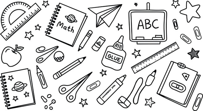 Hand drawn doodle back to school pattern background featuring math notebook stationery and learning classroom supplies in sketch style
