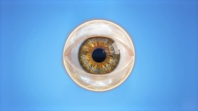 Realistic 3D model of a human eye with a hazel iris inside a transparent glass sphere, floating over a chroma key blue background. Ideal for medical vision promos, eye surgery ads, sci-fi surveillance