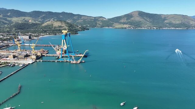 Praia do Machado, Angra dos Reis. Large shipyard in operation. Aerial view.
