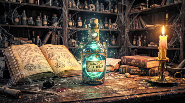 mysterious glowing potion bottle resting atop dusty wooden table surrounded by scattered spell books cobwebs flickering candlelight magical realism highly detailed visual layout