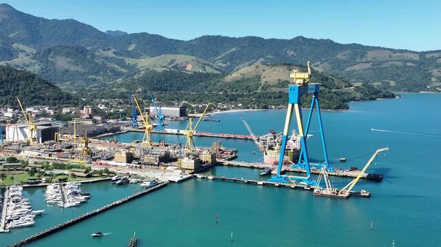 Praia do Machado, Angra dos Reis. Large shipyard in operation. Aerial view.