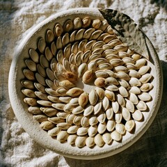 Obraz premium Toasted pumpkin seeds arranged in radial spiral in ceramic bowl