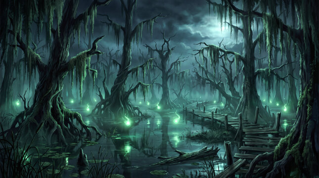 eerie swamp landscape twisted cypress trees draped in spanish moss glowing green wisps hovering over dark water haunting mystical environment beautiful conceptual digital scene