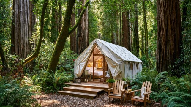 Cozy glamping tent nestled among towering redwood trees, surrounded by lush greenery and a tranquil forest environment perfect for outdoor adventure and relaxation