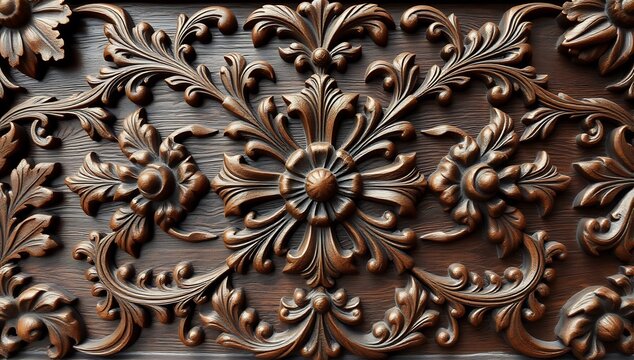 Intricate floral wood carving pattern with classical decorative reliefs
