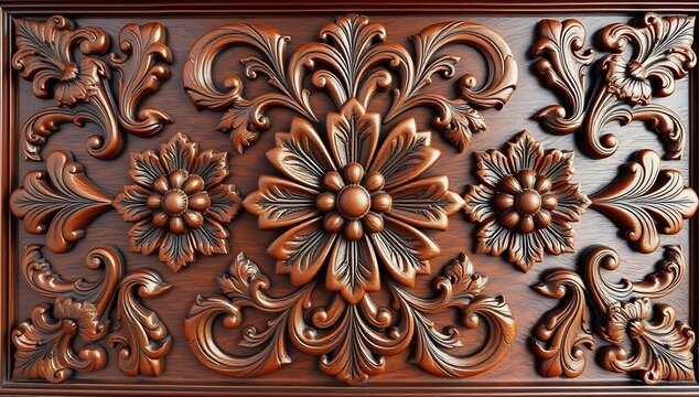 Intricate floral wood carving pattern with classical decorative reliefs