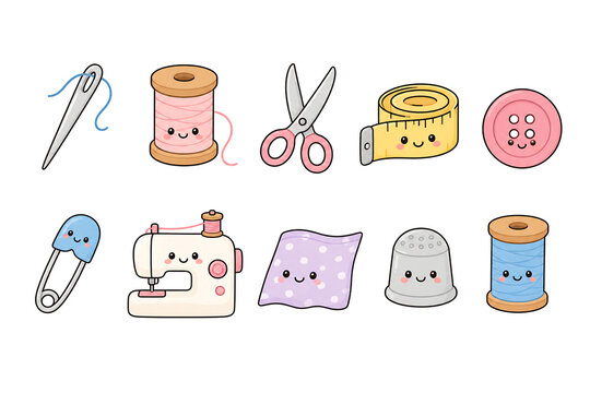 Cute Sewing Tools Icon Set | Kawaii Sewing Equipment Collection | Minimal Flat Vector Illustration.
