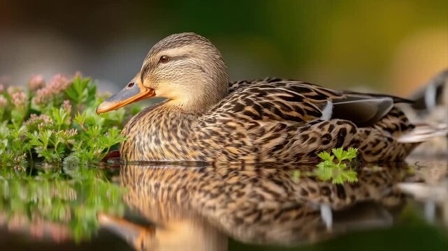A duck floats serenely on the water, surrounded by greenery; its reflection mirrors it