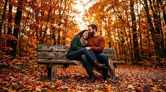Happy young couple sitting on a wooden bench in an autumn forest