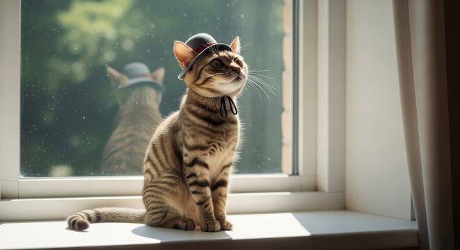 Curious cat wearing hat sits by window with another cat outside