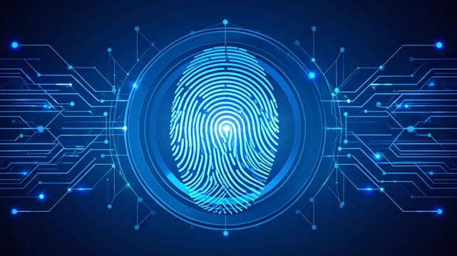 A glowing digital fingerprint icon on a blue circuit board background