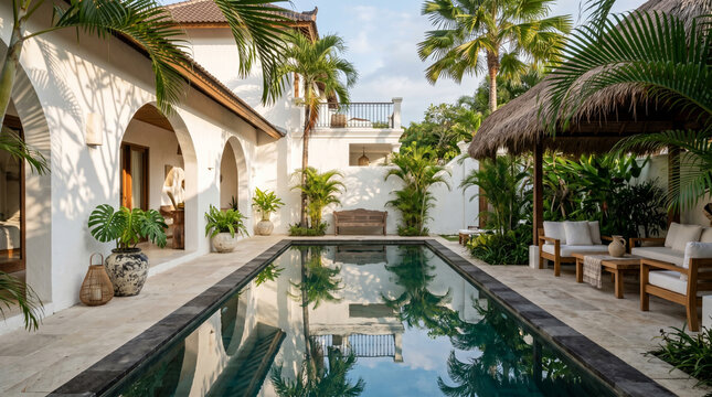 Luxury tropical resort swimming pool surrounded by palm trees and modern villa architecture during a summer vacation