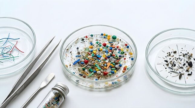 Microplastic Samples in Petri Dishes for Laboratory Analysis