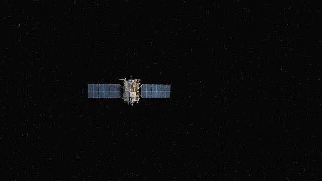 A high-fidelity 3D model of a modern space satellite with extended solar panel wings orbiting in deep space, isolated on a solid black background. Great for space technology commercials, telecommunica