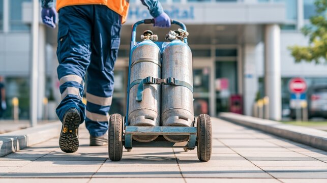 Medical delivery worker wheeling oxygen cylinders on a hand truck up a hospital ramp. Concept of medical oxygen delivery.
