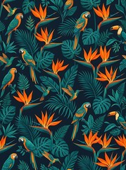 Obraz premium Seamless tropical pattern with parrots and exotic flowers