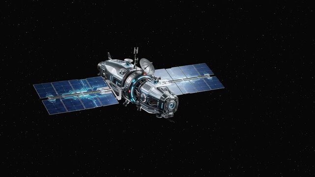 A detailed 3D animation of a futuristic communication satellite orbiting slowly against a starry deep space background. Perfect for astronomy documentaries, commercial telecom ads, and sci-fi movie ba