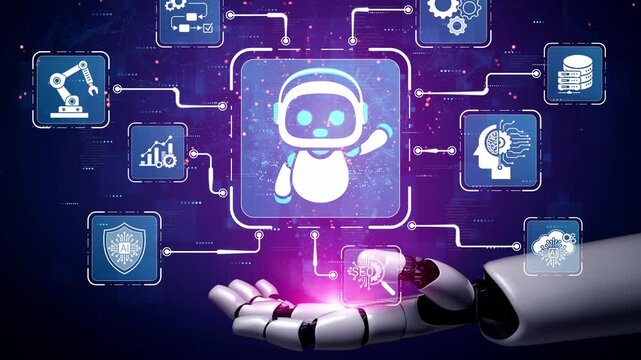 Futuristic robot hand presenting artificial intelligence icons and data visualization against a digital background with interconnected technology elements Sigmoid