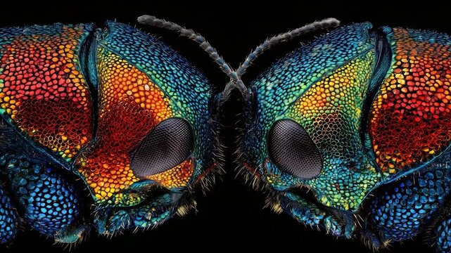 Symmetrical macro photo reveals a brilliantly colored insect's head, showing intricate details