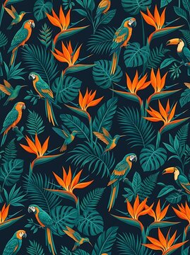 Seamless tropical pattern with parrots and exotic flowers