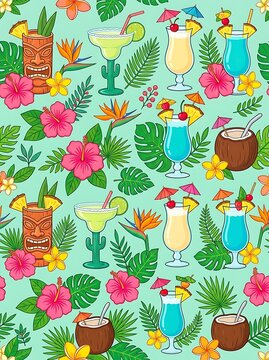 Seamless tropical cocktail pattern with hibiscus flowers and tiki mugs