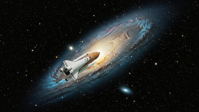 A detailed 3D animation of a space shuttle with its external fuel tank and boosters soaring past a bright spiral galaxy in deep space. Perfect for space exploration concepts, astronomical documentarie